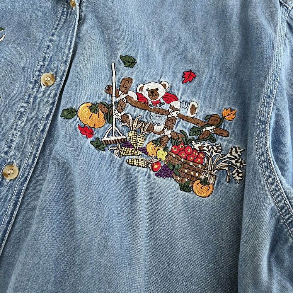 Bobbie Brooks 18W 20W Embroidered Denim Shirt Fall Bear Harvest Thanksgiving